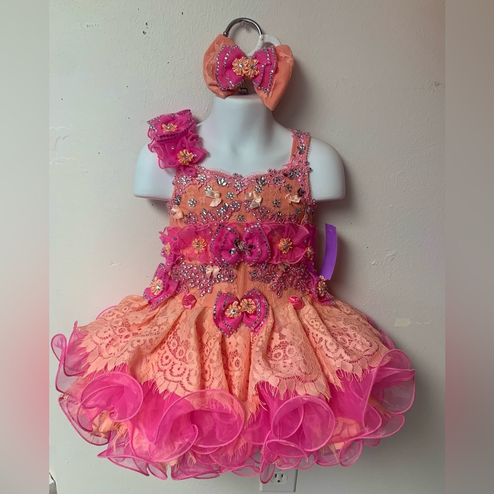 12/18 Month Coral & Peach Beaded Corset Cupcake Pageant Dress & headband/Bow NWT